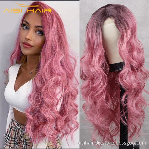 Aisi Hair Beautiful Colors Wearing Natural Long Pink Hair Wholesale Cheapest For Woman Synthetic Body Wave Small Lace Wig
